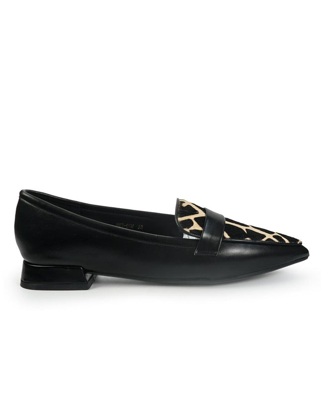 Mocassini Donna Tacco Basso in Pelle Nera e Cavallino Animalier YH03-02M BLACK ClaudV 