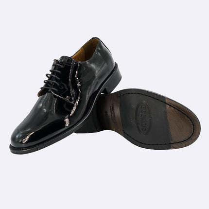 Stringata Uomo Elegante Sposo Cerimonia Vernice Nero Fondo Cuoio Cucito Derby Liscio PIANTA 6 VERNICE Rogal's 