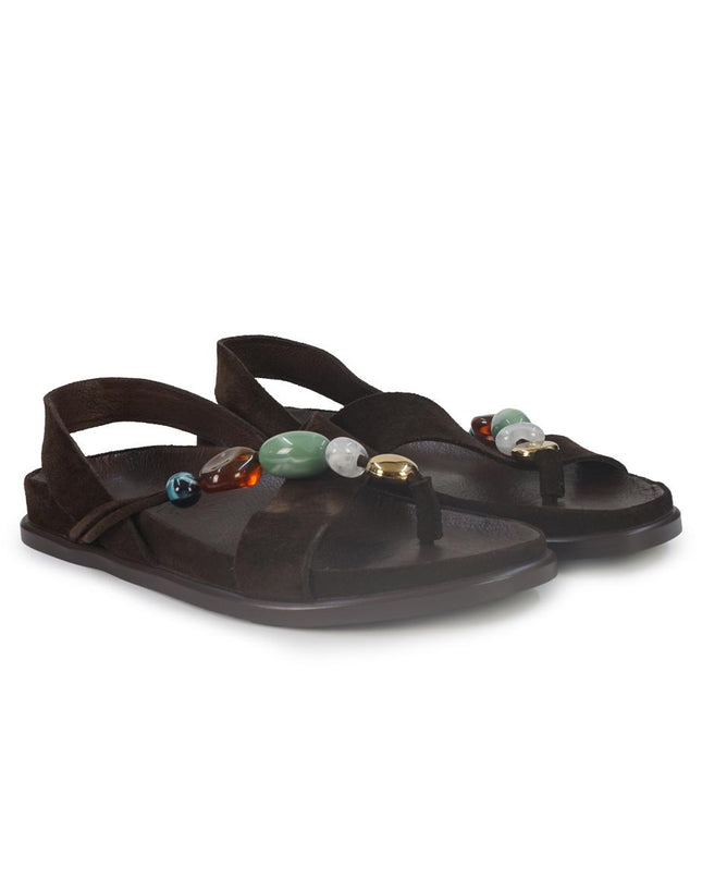 Inuovo Sandalo Donna Infradito con Pietre e Plantare Anatomco in Camoscio Mogano Moro 36014 SUEDE Inuovo 
