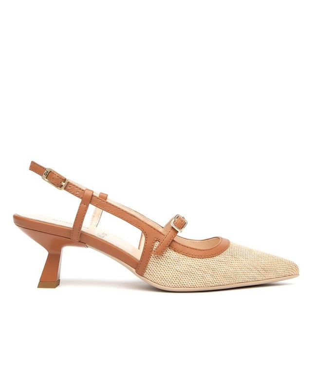 NeroGiardini Mary Jane Slingback Kitten Heel a Punta in Pelle e Tessuto Cuoio - MARIO SPATARELLA