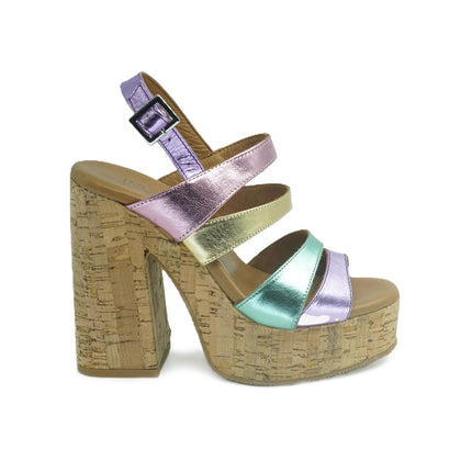 Sandali Donna Tacco Sughero 618007 METALLIC Inuovo 
