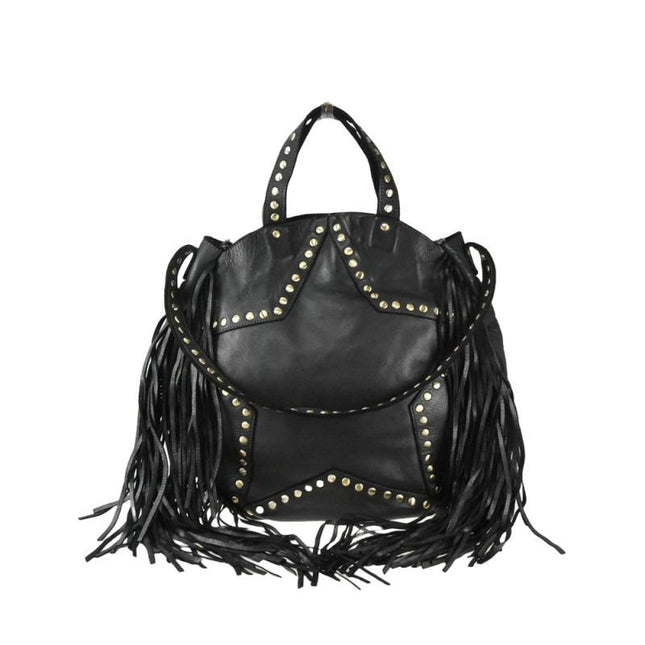 Borsa Vintage a Spalla con Frange e Borchioe in Pelle Nera SP ROCK BLACK Spatarella 