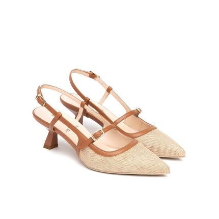NeroGiardini Mary Jane Slingback Kitten Heel a Punta in Pelle e Tessuto Cuoio - MARIO SPATARELLA