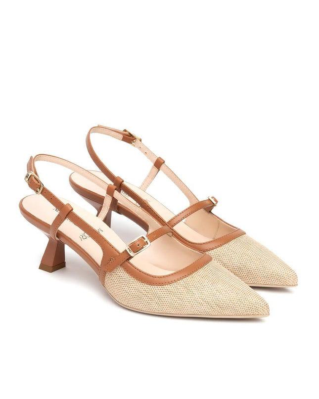 NeroGiardini Mary Jane Slingback Kitten Heel a Punta in Pelle e Tessuto Cuoio - MARIO SPATARELLA