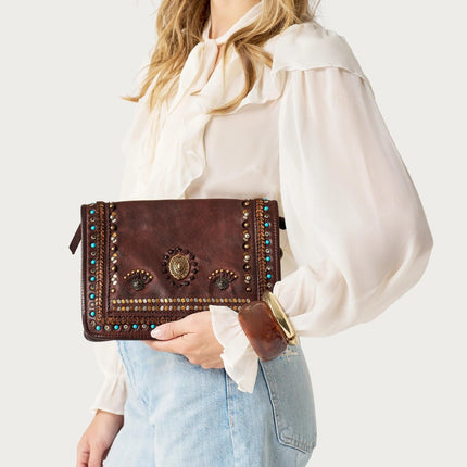 Frau Borsa Donna Borchiata con Tracolla in Pelle Marrone - MARIO SPATARELLA