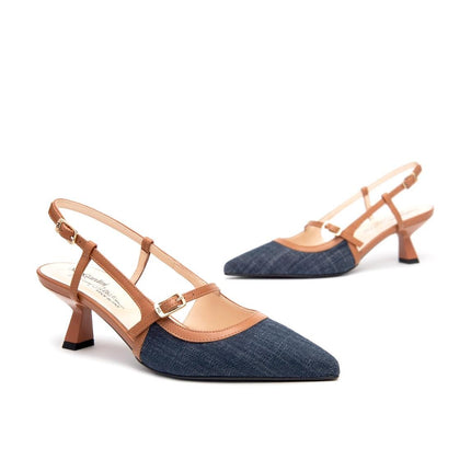 NeroGiardini Chanel a Punta in Pelle e Denim con Tacco Rocchetto - MARIO SPATARELLA