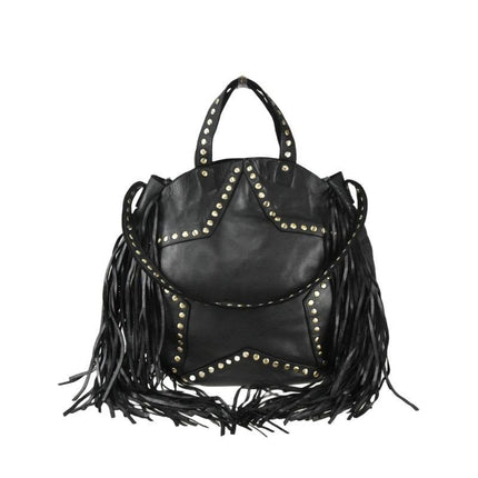 Borsa Vintage a Spalla con Frange e Borchioe in Pelle Nera - MARIO SPATARELLA