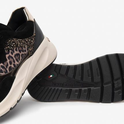 Nero Giardini Sneakers Donna in Camoscio Nero e Animalier Leopardo - MARIO SPATARELLA