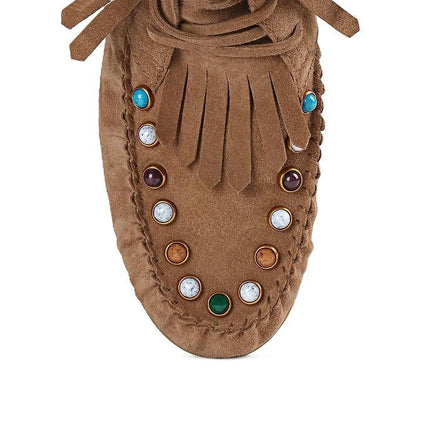 Inuovo Stivaletto Donna con Frange e Pietre Multi in Camoscio Sigaro - MARIO SPATARELLA