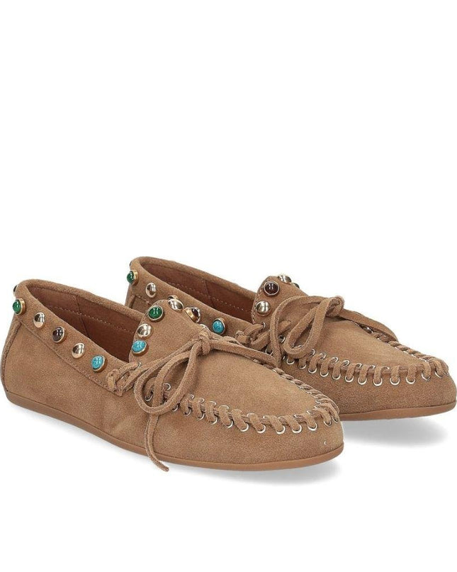 Inuovo Mocassino Donna con Pietre Multi in Camoscio Tabacco Cuoio - MARIO SPATARELLA