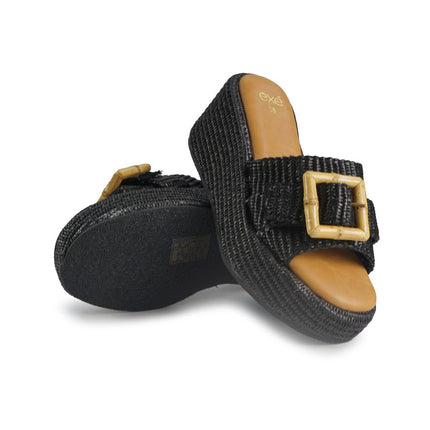 Exe Sandali Donna con Zeppa in Tessuto Nero 25001-2 RAFFIA BLACK Exe 