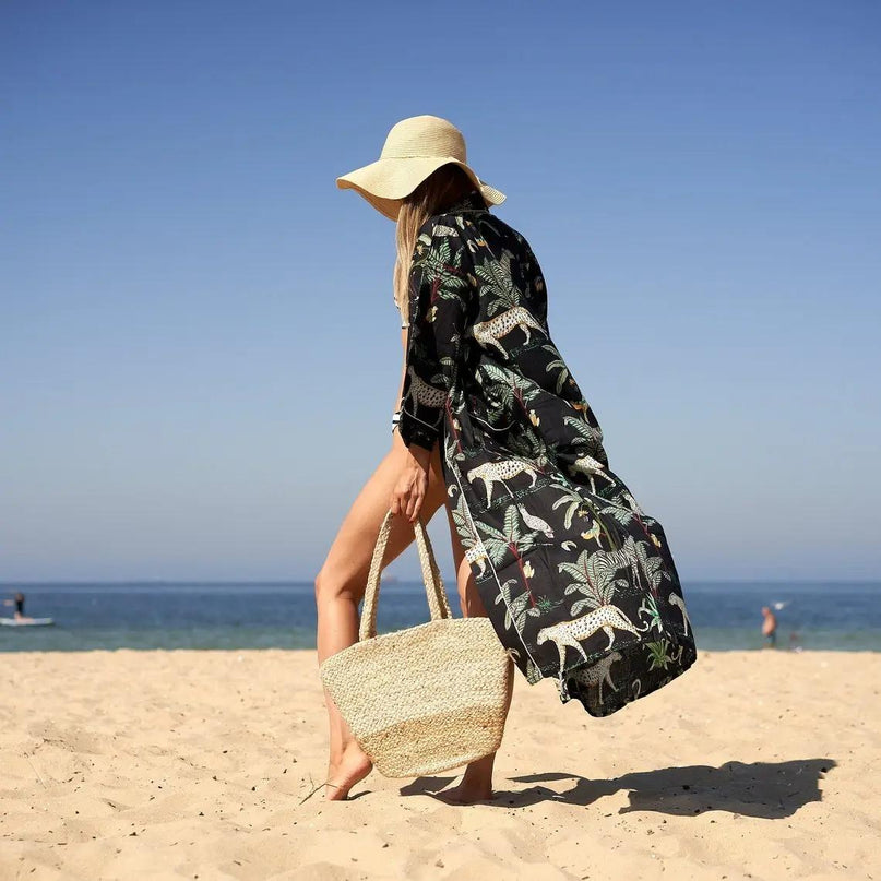 Kimono Caftano in Cotone CKR172 MDNIGHT JUNGLE Linen 
