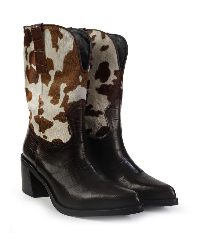 Gianni Crasto Stivale Camperos Tubolare Donna in Pelle Cocco Marrone e Cavallino Animalier - MARIO SPATARELLA