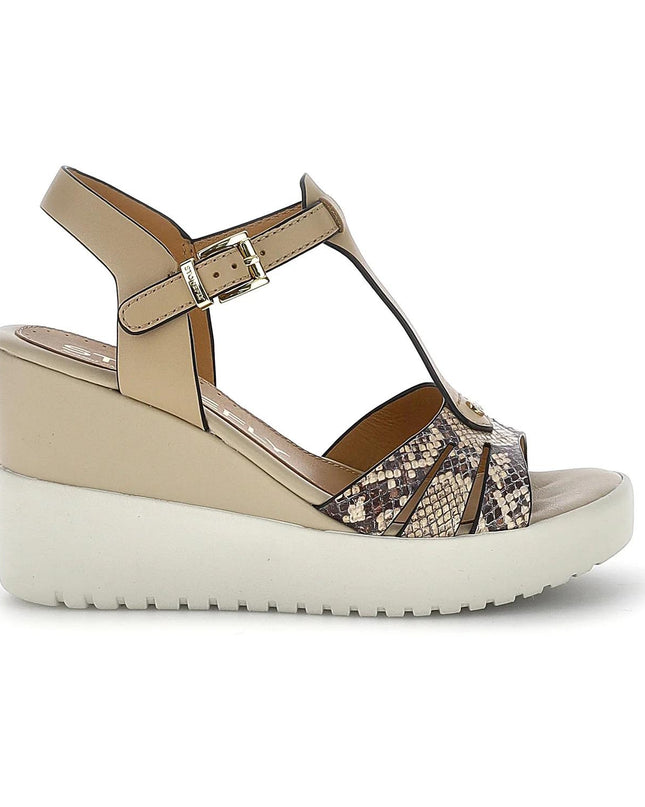 Stonefly Sandali Donna con Zeppa in Pelle Beige Animalier 223867 ELY 4 DUST BROWN Stonefly 