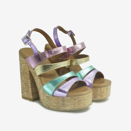 Sandali Donna Tacco Sughero 618007 METALLIC Inuovo 