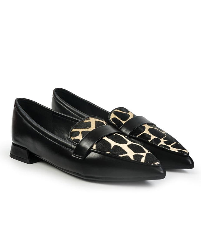Mocassini Donna Tacco Basso in Pelle Nera e Cavallino Animalier - MARIO SPATARELLA