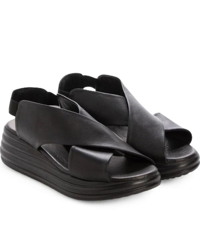Bueno Sandali Donna con Zeppa in Pelle Nero Y5703 BLACK Bueno 