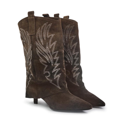 Spatarella Stivali Texani con Risvolto e Tacco Rocchetto in Camoscio Marrone - MARIO SPATARELLA