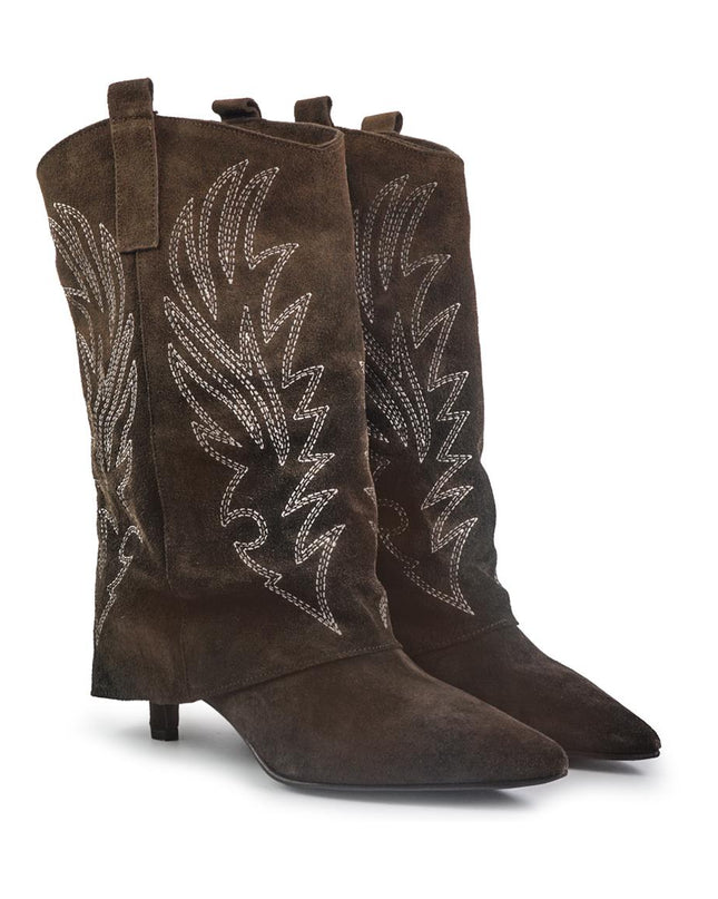 Spatarella Stivali Texani con Risvolto e Tacco Rocchetto in Camoscio Marrone - MARIO SPATARELLA