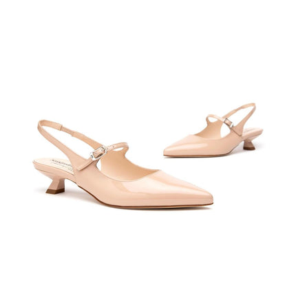 NeroGiardini Chanel Tacco Basso Rocchetto e Punta in Vernice Cipria - MARIO SPATARELLA