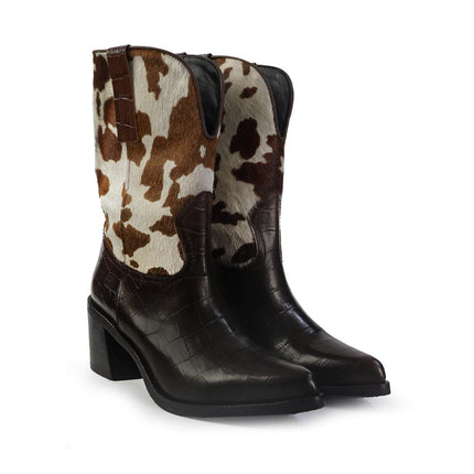 Gianni Crasto Stivale Camperos Tubolare Donna in Pelle Cocco Marrone e Cavallino Animalier - MARIO SPATARELLA