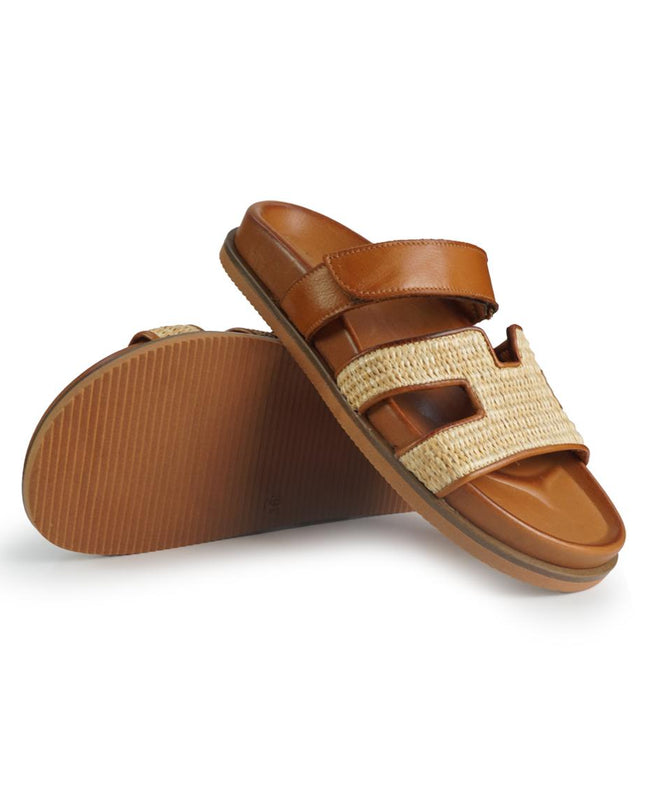 Tsakiris Mallas Sandali Donna con Plantare in Pelle Cuoio e Rafia 966 KIMOLOS RAFFIA TAN Tsakiris Mallas 