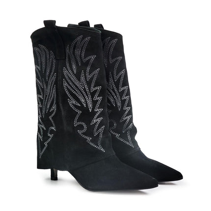 Spatarella Stivali Texani con Risvolto e Tacco Rocchetto in Camoscio Nero - MARIO SPATARELLA