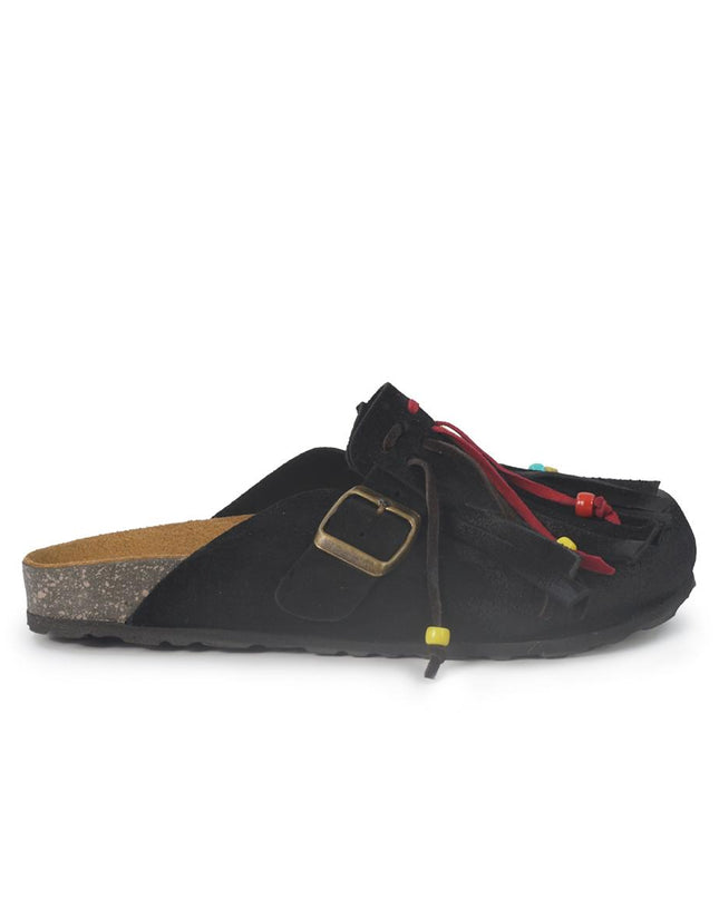 Jiudit Sandalo Plantare Donna Bio Sabot con Frange in Camoscio Nero Multicolor J185 BLACK Jiudit 