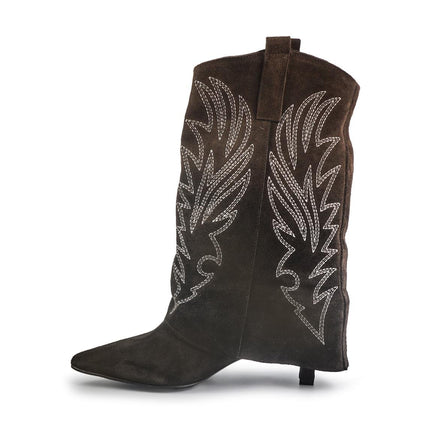 Spatarella Stivali Texani con Risvolto e Tacco Rocchetto in Camoscio Marrone - MARIO SPATARELLA