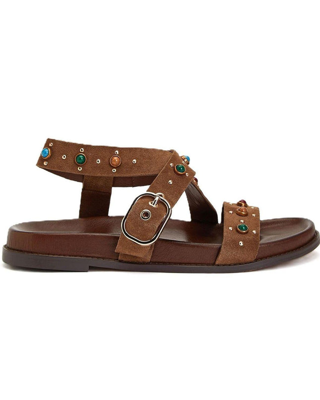 Inuovo Sandalo Donna con Pietre Multicolor in Camoscio Sigaro - MARIO SPATARELLA