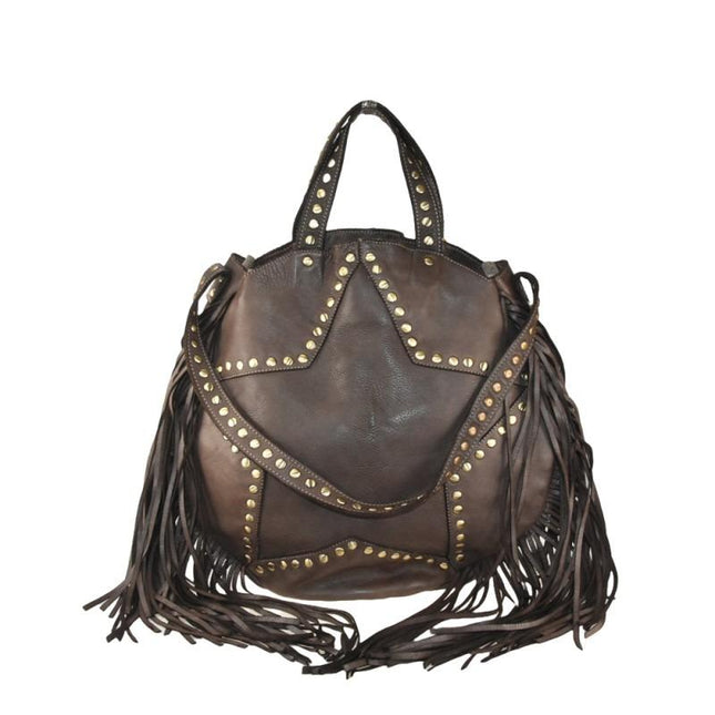 Borsa Vintage a Spalla con Frange e Borchioe in Pelle Moro - MARIO SPATARELLA