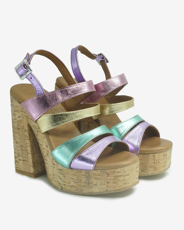 Sandali Donna Tacco Sughero 618007 METALLIC Inuovo 